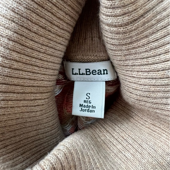 LL Bean Fair Isle Yolk Turtleneck Cotton Cashmere Sweater Tan and Coral, S - Picture 6 of 8